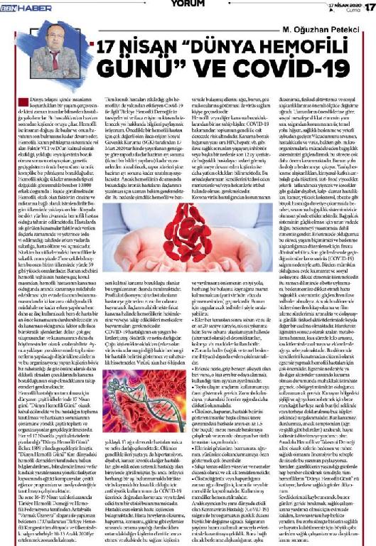 17 NİSAN HEMOFİLİ GÜNÜ YAZIMIZ BASINDA